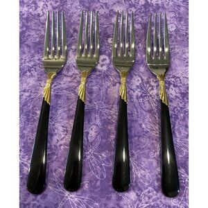 Yamazaki Lindi Dinner Forks 18/8 Stainless Black Handle Gold Accent Set Of 4 VTG